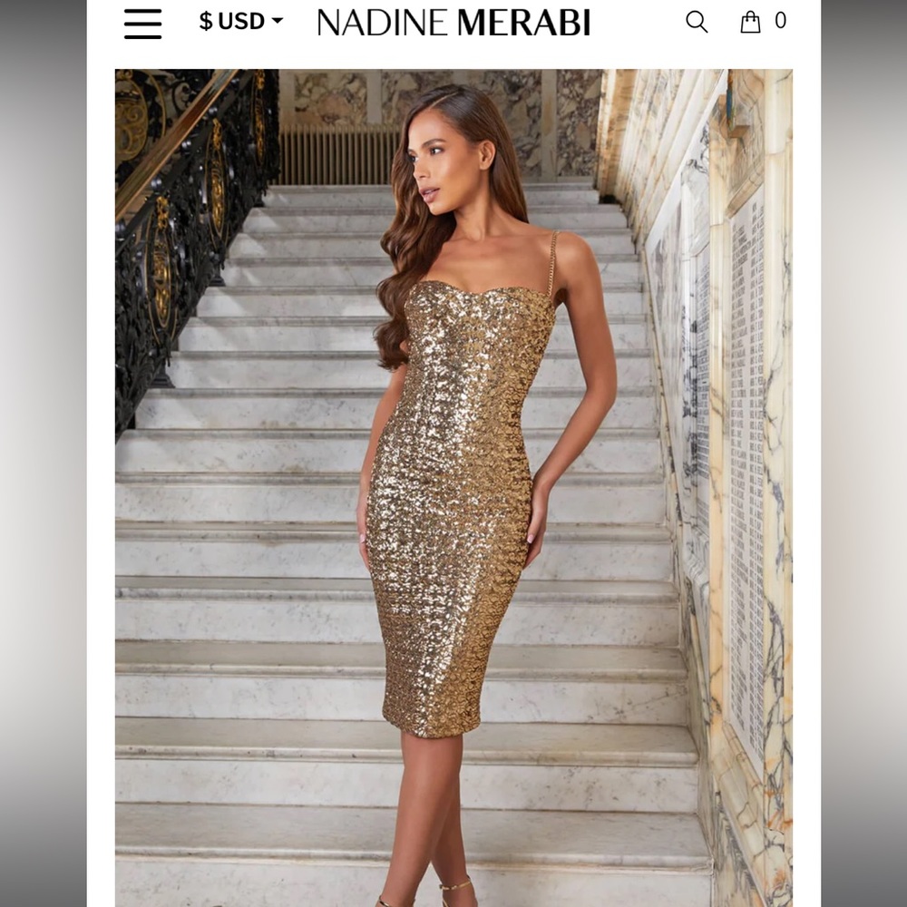 NADINE MERABI Gold Sequin Midi Dress